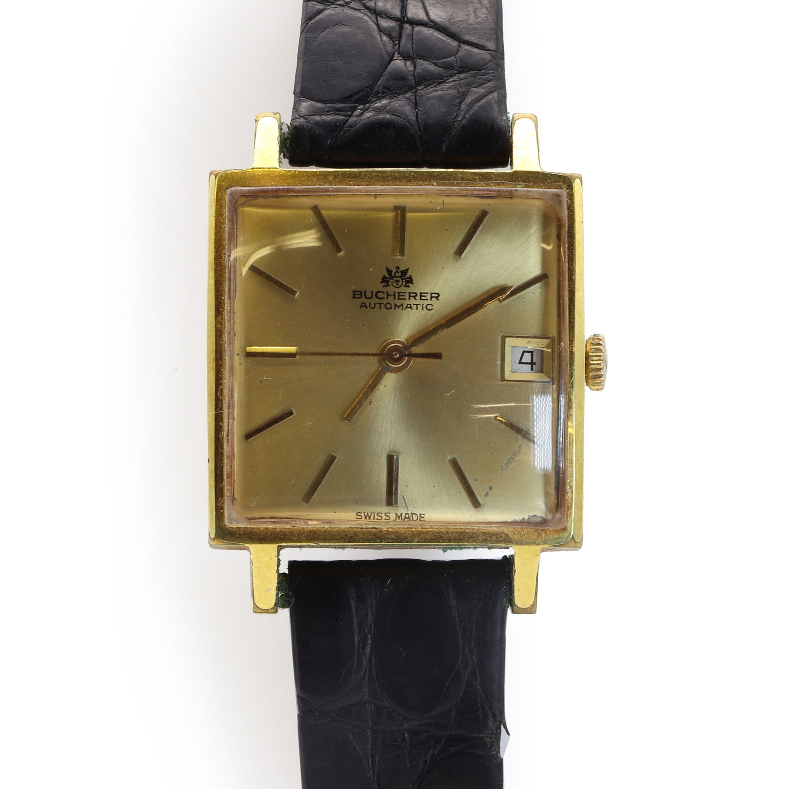 A stainless steel Bucherer two-tone automatic strap watch,: A stainless steel Bucherer two-tone automatic strap watch, A stainless steel Bucherer two-tone automatic strap watch, a gilt metal plain square dial, 29mm x 29mm, a gilt dial, baton hour markers, gilt