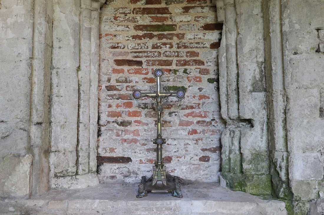 A gilt-brass and enamel altar crucifix in the manner of A W N Pugin, (1 of 12)