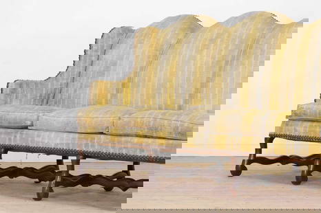 A pair of Louis XV walnut sofas,: A pair of Louis XV walnut sofas, A pair of Louis XV walnut sofas, c.1730, French, each upholstered in studded striped fabric and raised on os de mouton supports, 260cm wide 70cm deep 112cm high (2)