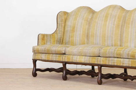 A pair of Louis XV walnut sofas,: A pair of Louis XV walnut sofas, A pair of Louis XV walnut sofas, c.1730, French, each upholstered in studded striped fabric and raised on os de mouton supports, 260cm wide 70cm deep 112cm high (2)