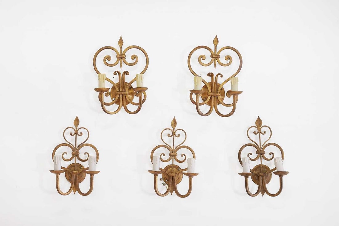 Five gilt-metal wall lights, (1 of 5)