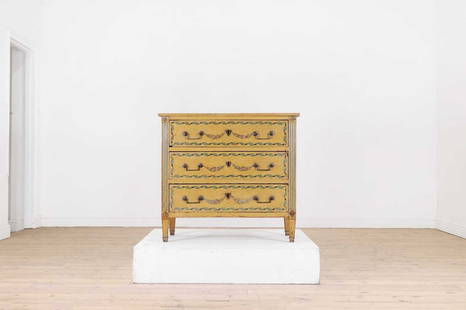 A Louis XVI painted oak commode,: A Louis XVI painted oak commode, A Louis XVI painted oak commode, late 18th/early 19th century, French, decorated in the neoclassical taste with swags and garlands, with three drawers raised on