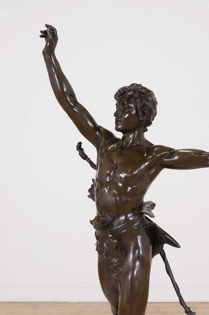 Eugène Marioton (French, 1857-1933),: Eugène Marioton (French, 1857-1933), Eugène Marioton (French, 1857-1933), a victorious archer, bronze with a brown patina, bearing a cast signature to the base, 48cm wide 34cm deep 92cm high