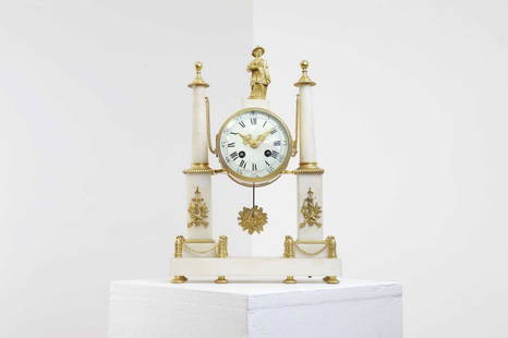 An alabaster and ormolu mantel clock,: An alabaster and ormolu mantel clock, An alabaster and ormolu mantel clock, 19th century, French, the 4-inch enamel dial surmounted by a standing chinoiserie figure, with a French drum movement and