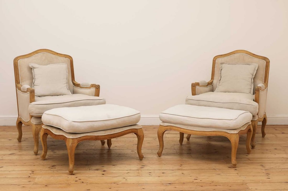 A pair of blonde oak fauteuils, (1 of 3)