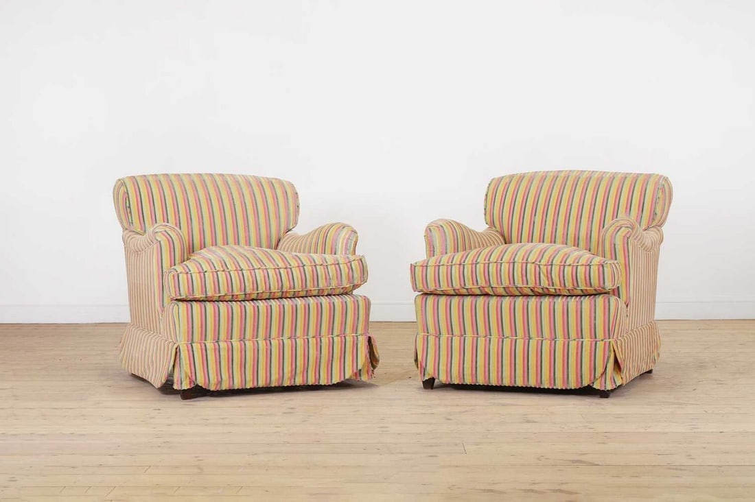 A pair of beech-framed armchairs, (1 of 4)