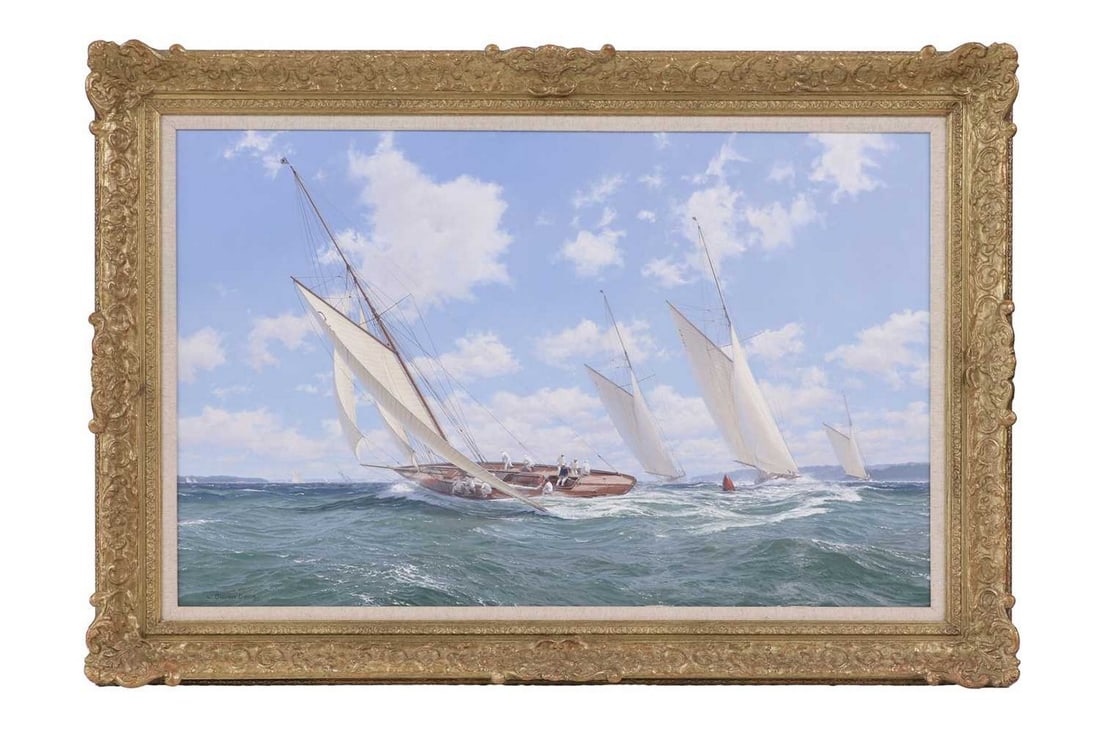 John Steven Dews (b.1949): John Steven Dews (b.1949) ▴ John Steven Dews (b.1949) ‘Hispania Leads at the Gybe Mark, Western Solent, 1912' signed 'J Steven Dews' l.l., and inscribed with title on the stretcher verso,