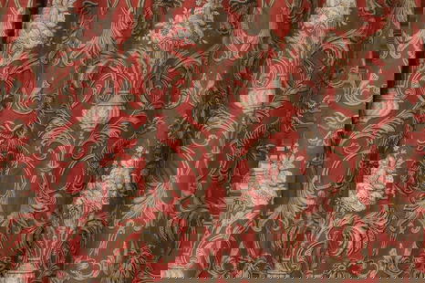 Two pairs of printed cotton curtains,: Two pairs of printed cotton curtains, Two pairs of printed cotton curtains, 20th century, with a Victorian-style gothic design comprising rampant lions among foliate scrolls and floral baskets on a re