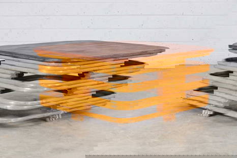 A bamboo and rattan 'Pretzel' coffee table,: A bamboo and rattan 'Pretzel' coffee table, 1950s, after the original design by Paul Frankl (Austrian/American, 1886-1958), with a square teak top over a latticed multistrand base, 89cm square 38cm hi