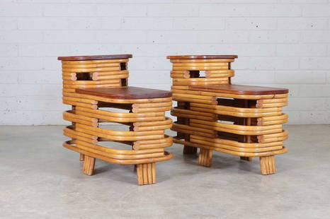 A pair of bamboo and rattan 'Pretzel' side tables,: A pair of bamboo and rattan 'Pretzel' side tables, 1950s, after the original design by Paul Frankl (Austrian-American, 1886-1958), of multistranded bamboo construction, in two tiers, each with a teak