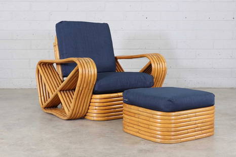 A bamboo and rattan 'Pretzel' armchair and ottoman,: A bamboo and rattan 'Pretzel' armchair and ottoman, 1950s, after the original design by Paul Frankl (Austrian/American, 1886-1958), of six-strand construction, with seat and back cushions upholstered