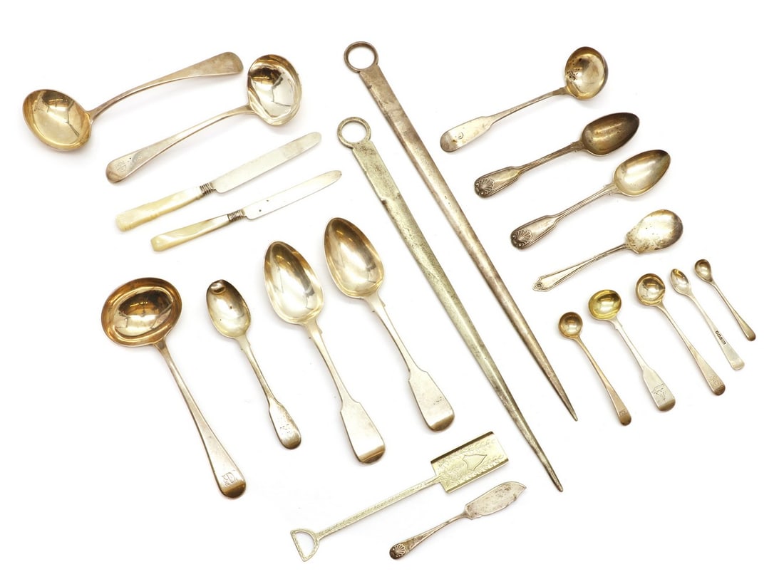 A collection of silver flatware,: A collection of silver flatware, to include a pair of Old English pattern George III sauce ladles, London 1809, a similar ladle, by Sarah & John William Blake, London 1821, and a pair of Fiddle patter