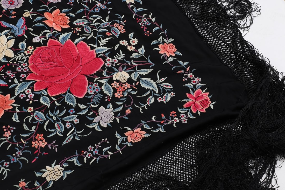 A Chinese embroidered piano shawl, (1 of 3)