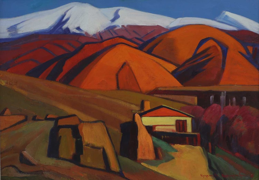 Artashes Abraamyan (Armenian, 1921-2003): Artashes Abraamyan (Armenian, 1921-2003) 'Orange House by the Mountains'signed and dated '71' l.r., also signed and inscribed verso, oil on canvas57 x 80cm Condition Report Framed: 75 x 97cmThere is