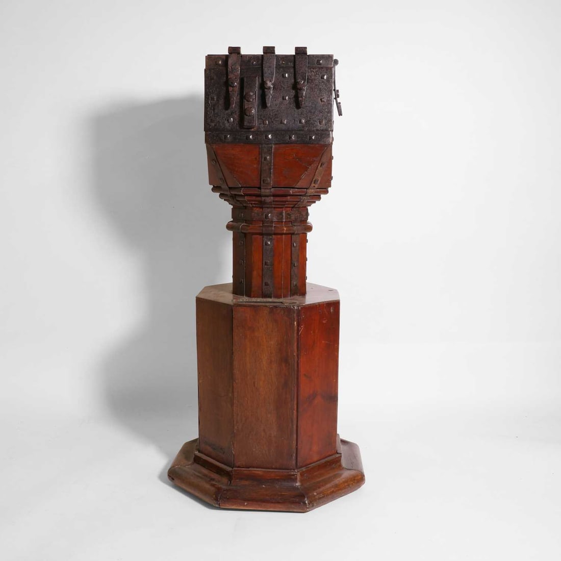 A Victorian iron and oak poor box or collection box, (1 of 9)