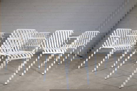 A set of seven Danish 'Palissade' armchairs,: A set of seven Danish 'Palissade' armchairs, designed by Ronan and Erwan Bouroullec for HAY, each powder coated in white, with a tubular frame and slatted seat and back, 51cm wide 56cm deep 80cm high