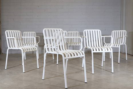 A set of seven Danish 'Palissade' armchairs,: A set of seven Danish 'Palissade' armchairs, designed by Ronan and Erwan Bouroullec for HAY, each powder coated in white, with a tubular frame and slatted seat and back, 51cm wide 56cm deep 80cm high