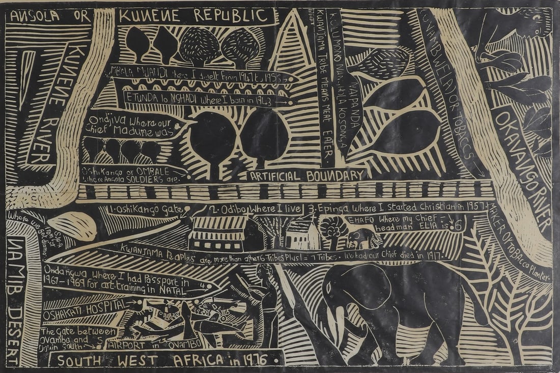 John Muafangejo (Namibian 1943-1987): John Muafangejo (Namibian 1943-1987) 'Angola and South West Africa' linocut, signed 'John Muafangejo' in pencil l.l. and dated '1976' l.r. image 45 x 68cm Condition Report: Framed: 55 x 78.5cm Discolo