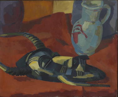 Stephen Andrews (1922-1995): Stephen Andrews (1922-1995) 'Still Life with Mask’ signed 'S ANDREWS' and inscribed with title on stretcher, oil on canvas 38 x 46cm Condition Report: Framed: 55 x 63cm Some light suface scuffs