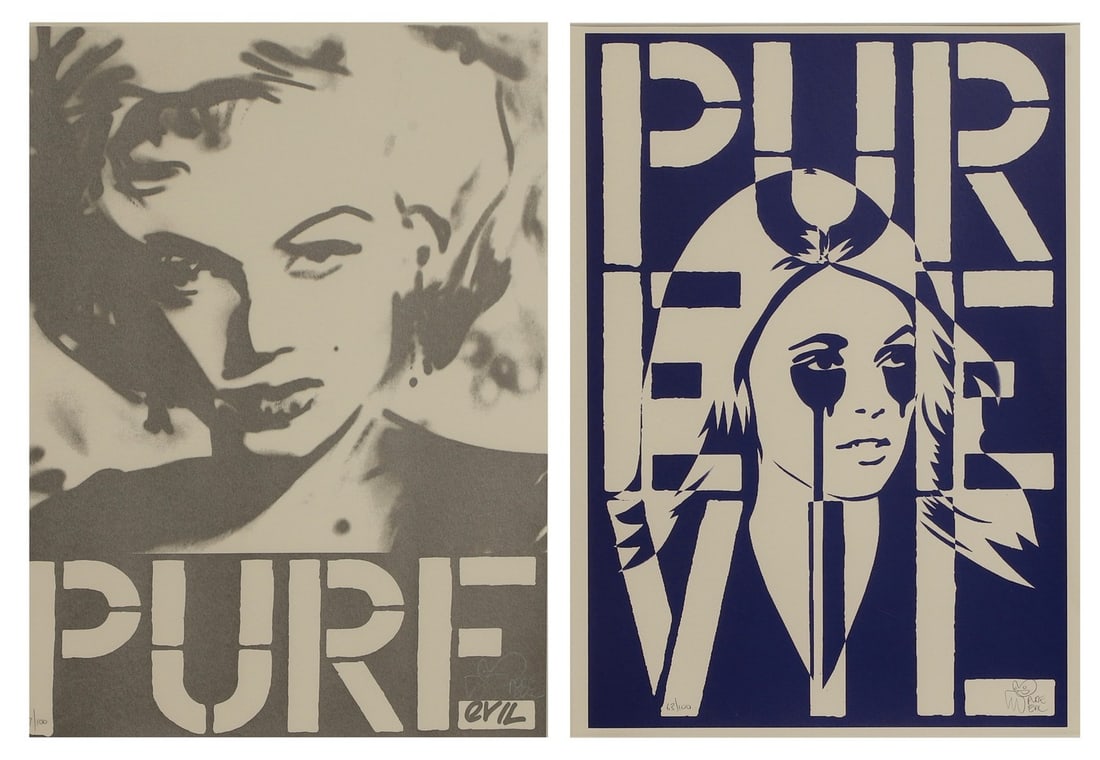 Pure Evil (b.1968): Pure Evil (b.1968) 'Car Boot Sharon Tate (blue)' screenprint in colours, signed 'Pure Evil' in pencil l.r., numbered '63/100' image 47.5 x 31.5cm; 'Car Boot Marilyn' screenprint, signed 'Pure Evil' l.