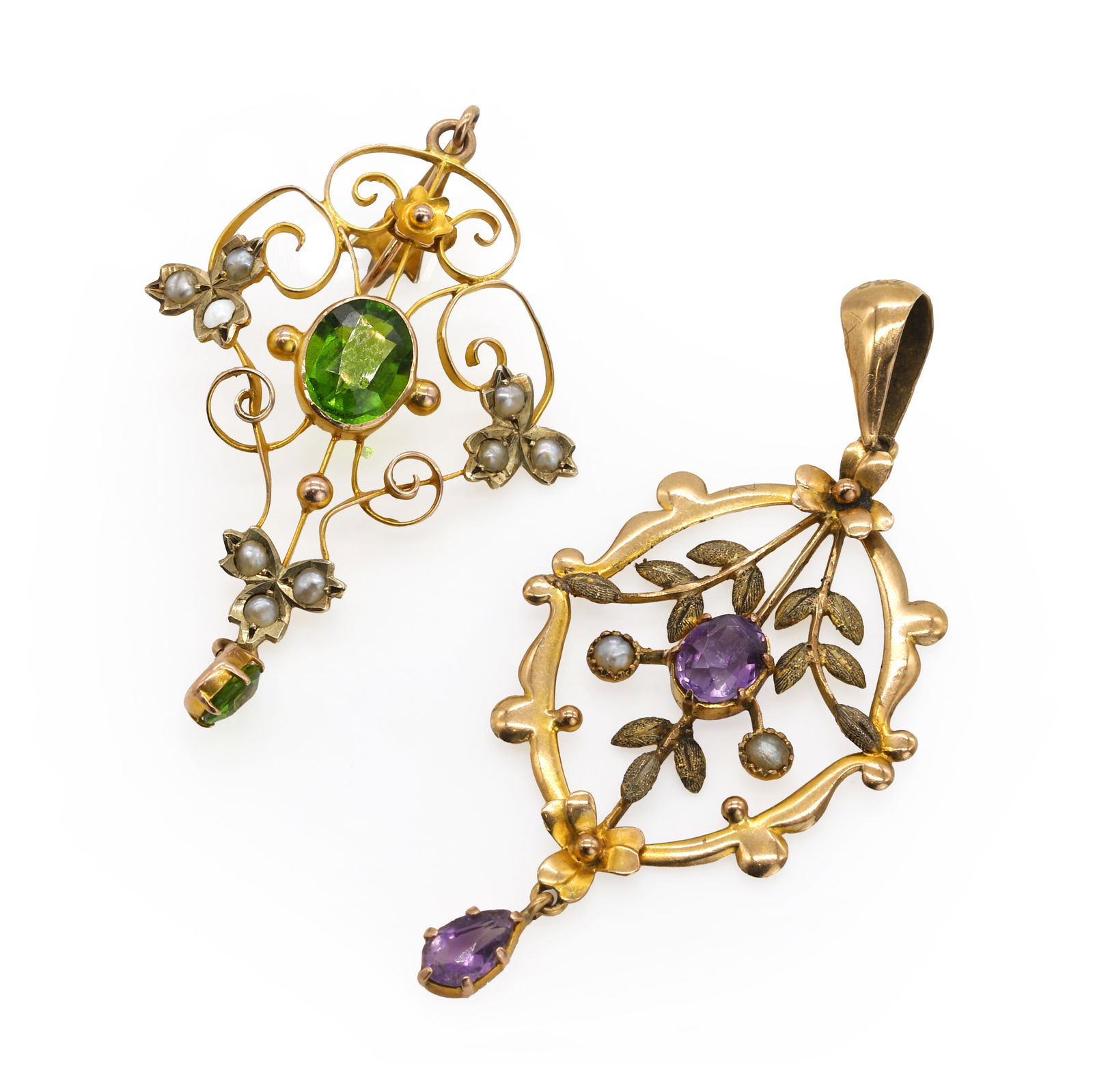 Two Edwardian gold gem set split pearl pendants, (1 of 2)