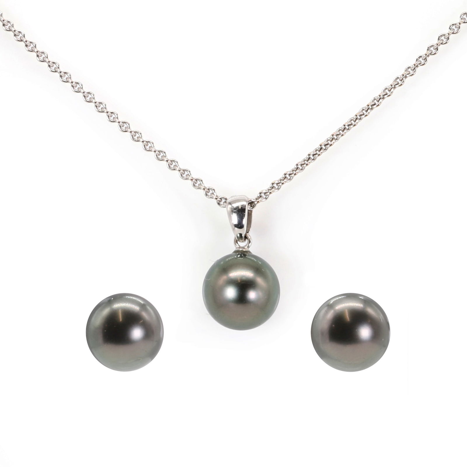 An 18ct white gold black pearl necklace and black pearl stud earrings by Mikimoto,: An 18ct white gold black pearl necklace and black pearl stud earrings by Mikimoto, a cultured black pearl, 9.85mm, untested, peg set to a white bale suspended from a white gold cable chain 240m long,