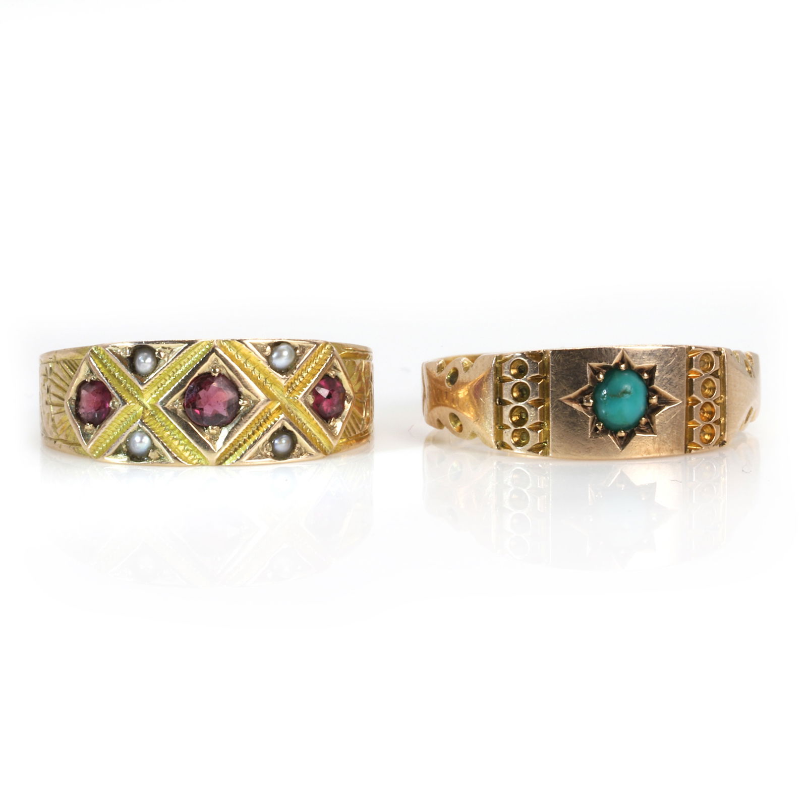 Two antique gold gem set rings, (1 of 3)