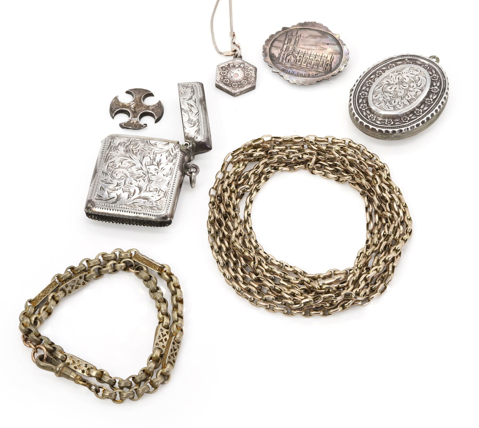 An Edwardian silver vesta case and a group of silver and base metal jewels, (1 of 1)