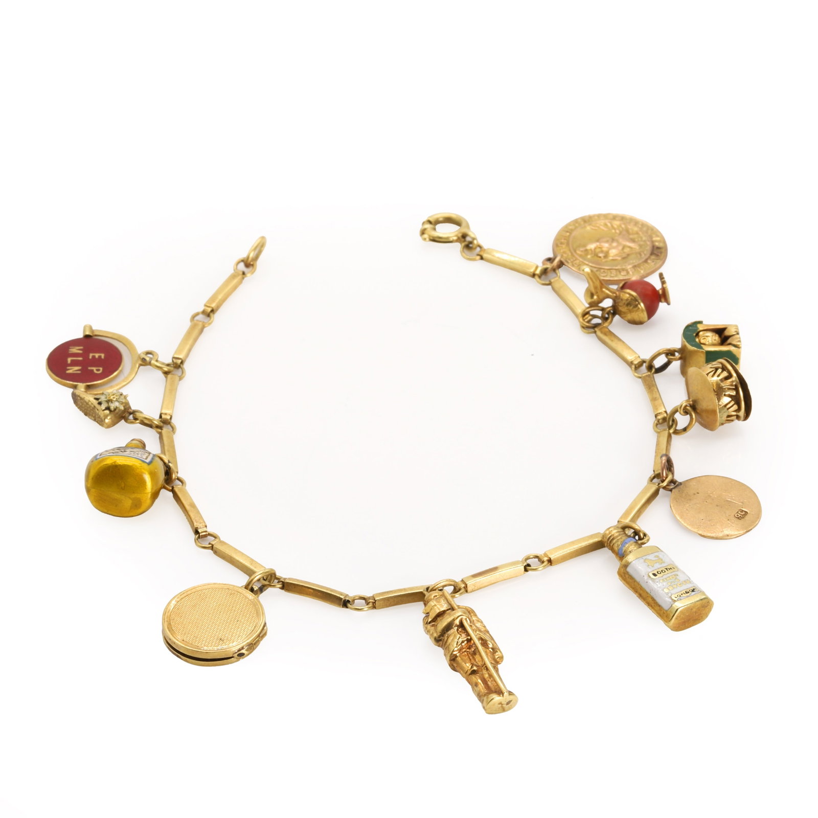 A gold charm bracelet,: A gold charm bracelet, the gold bar link bracelet 195mm long, tested as approximately 14ct gold, suspending eleven gold charms, comprising a coral duck, an enamelled crème de menthe bottle, an en