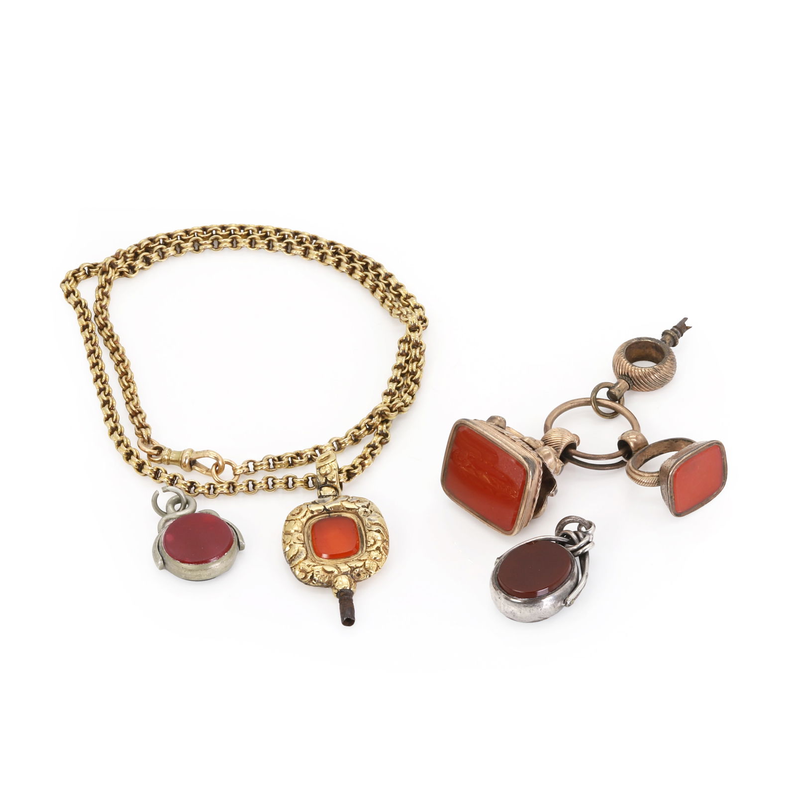 A gold belcher chain and a small group of fobs, (1 of 2)
