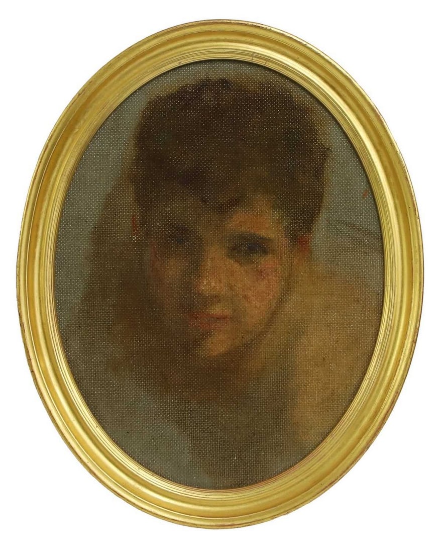 Henry Scott Tuke RA RWS (1858-1929): Henry Scott Tuke RA RWS (1858-1929) A portrait study of Maurice Clift, head and shoulders - a preparatory sketch for 'Gleaming Waters', 1910 oil on canvas board, oval 22 x 18cm Provenance: The private