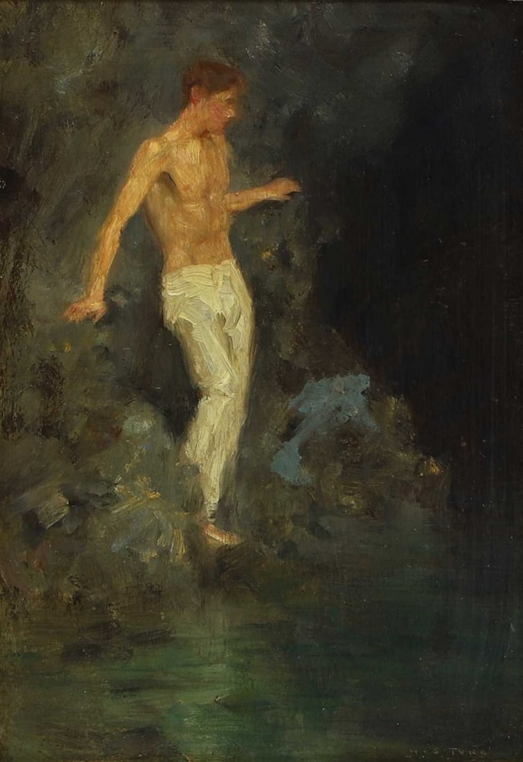 Henry Scott Tuke RA RWS (1858-1929): Henry Scott Tuke RA RWS (1858-1929) A young man among rocks at the water's edge signed 'H. S. TUKE' l.r., oil on board 27 x 20cm Provenance: The private collection of the late Sir Donald Cory. Conditi