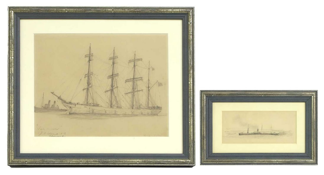 Henry Scott Tuke RA RWS (1858-1929): Henry Scott Tuke RA RWS (1858-1929) The four-masted sailing ship 'Pinmore' at anchor signed 'H. S. TUKE' l.r., inscribed 'Pinmore/J D Clink/Greenock' l.l., pencil 17.5 x 24cm; and another Steam ship p