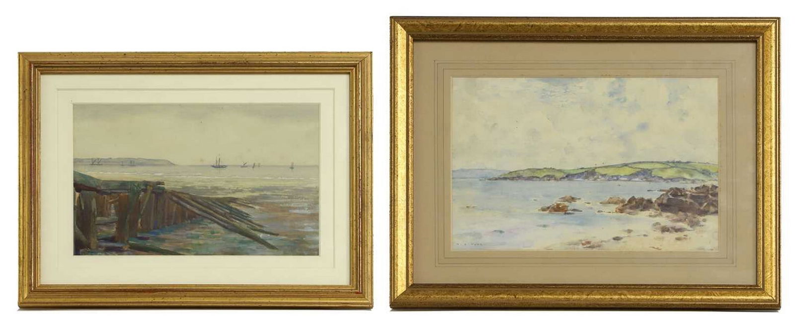 Henry Scott Tuke RA RWS (1858-1929): Henry Scott Tuke RA RWS (1858-1929) A coastal view with boats offshore signed and dated 'H. S. TUKE 1909' l.r., watercolour heightened with white 16 x 23.5cm; together with: 'Falmouth Beach' signed 'H