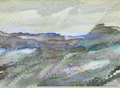 John Copley RBA (1875-1950): John Copley RBA (1875-1950) Sunlight breaking through the clouds over a hilly landscape watercolour over pencil, heightened with white 29.5 x 41.5cm Condition Report: Framed: 52 x 62.5cm Light time st