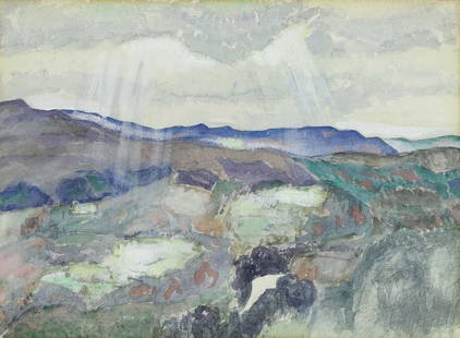 John Copley RBA (1875-1950): John Copley RBA (1875-1950) Sunlight breaking through the clouds over a hilly landscape watercolour over pencil, heightened with white 29.5 x 41.5cm Condition Report: Framed: 52 x 62.5cm Light time