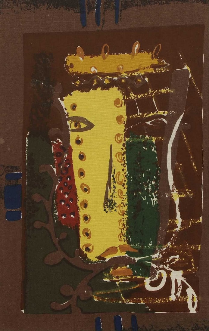 John Piper CH (1903-1992): John Piper CH (1903-1992) 'Foliate Head' screenprint in colours on cotton, a furnishing fabric commissioned and produced by the textile manufacturers David Whitehead & Sons, c1955 46.5 x 29.5cm (visib