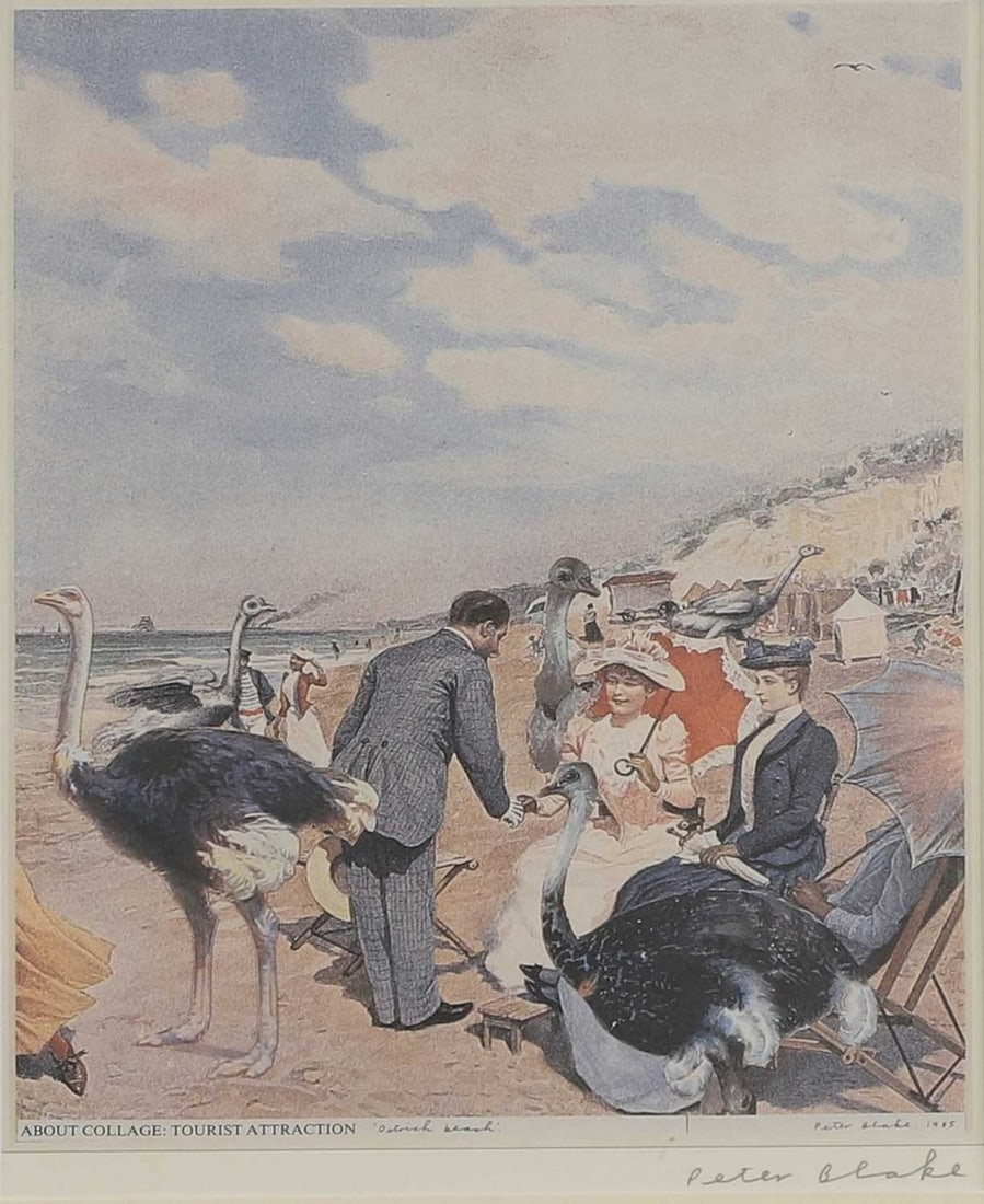 ▲ Sir Peter Blake RA (b.1932): ▲ Sir Peter Blake RA (b.1932) 'About Collage: Tourist Attraction, Ostrich Beach' offset lithograph in colours, signed 'Peter Blake' in pencil l.r. image 18 x 13cm Condition Report: Framed size 3