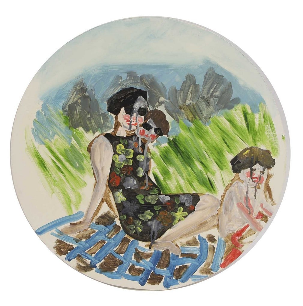 ▲ Stella Vine (b.1969): ▲ Stella Vine (b.1969) 'Mum, Granny & Allistair on a beach in Northumberland' signed, inscribed with title, and dated '2004' verso, gouache on board 48.5cm diameter, unframed Provenance: With Tr
