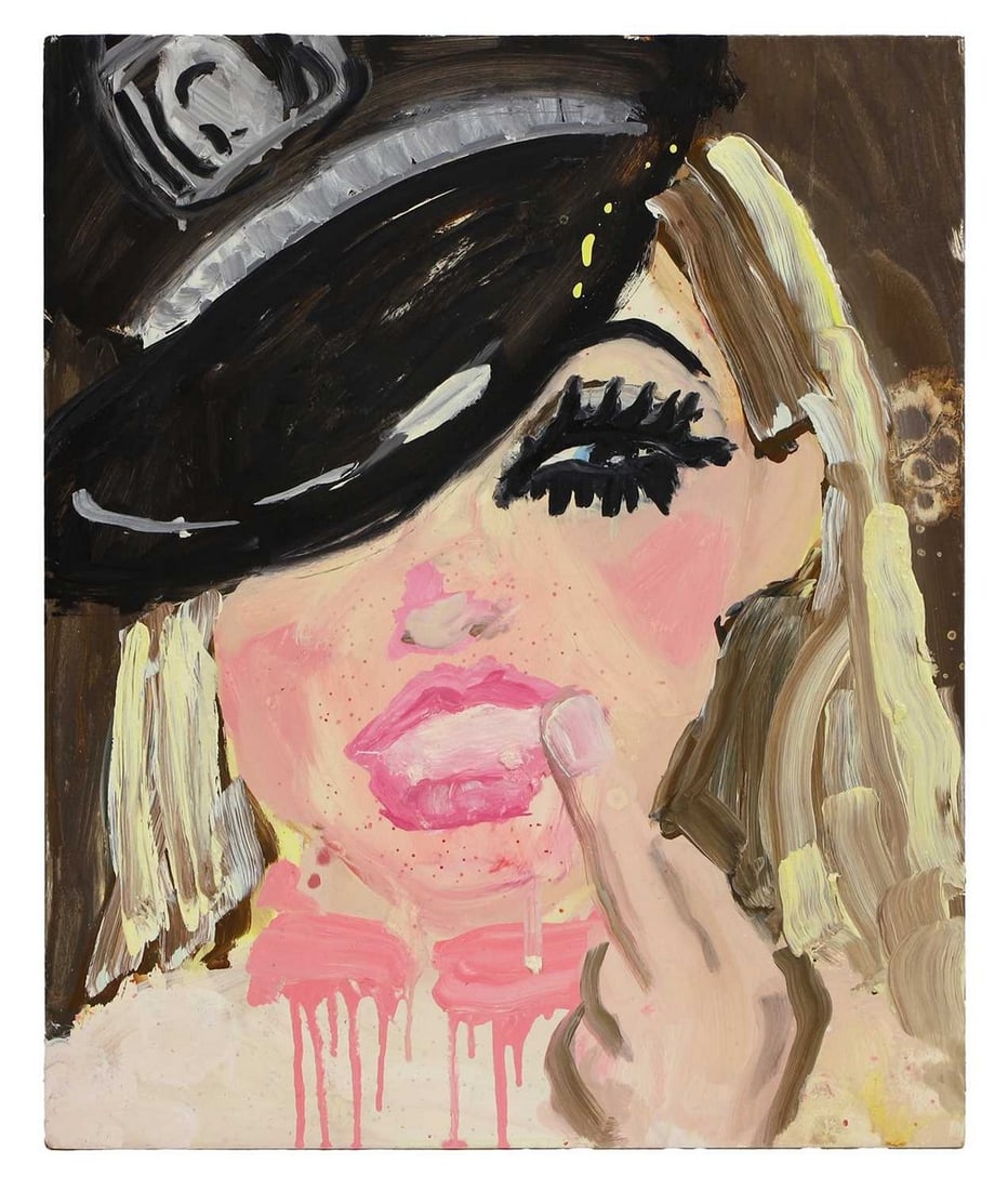 ▲ Stella Vine (b.1969): ▲ Stella Vine (b.1969) 'Katie' (Price) signed, inscribed with title and dated '2004' verso, oil on board 61 x 51cm, unframed; this lot includes a limited edition card for the exhibition 'Prozac