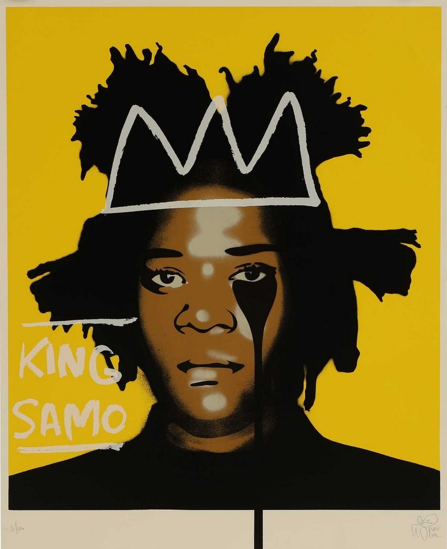 ▲ Pure Evil (b.1968): ▲ Pure Evil (b.1968) 'King Samo' screenprint in colours, signed 'PURE EVIL' in pencil l.r. and numbered '51/100' sheet 85 x 70cm, unframed Condition Report: A couple of light diagonal crease mar