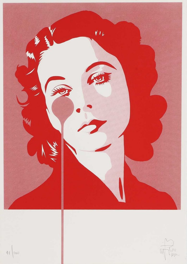 ▲ Pure Evil (b.1968): ? Pure Evil (b.1968) Vivien Leigh screenprint in colours, signed 'Pure Evil' in pencil l.r., numbered '41/100' sheet 50 x 35cm, unframed Condition Report: The top and bottom edges curve inwards a litt