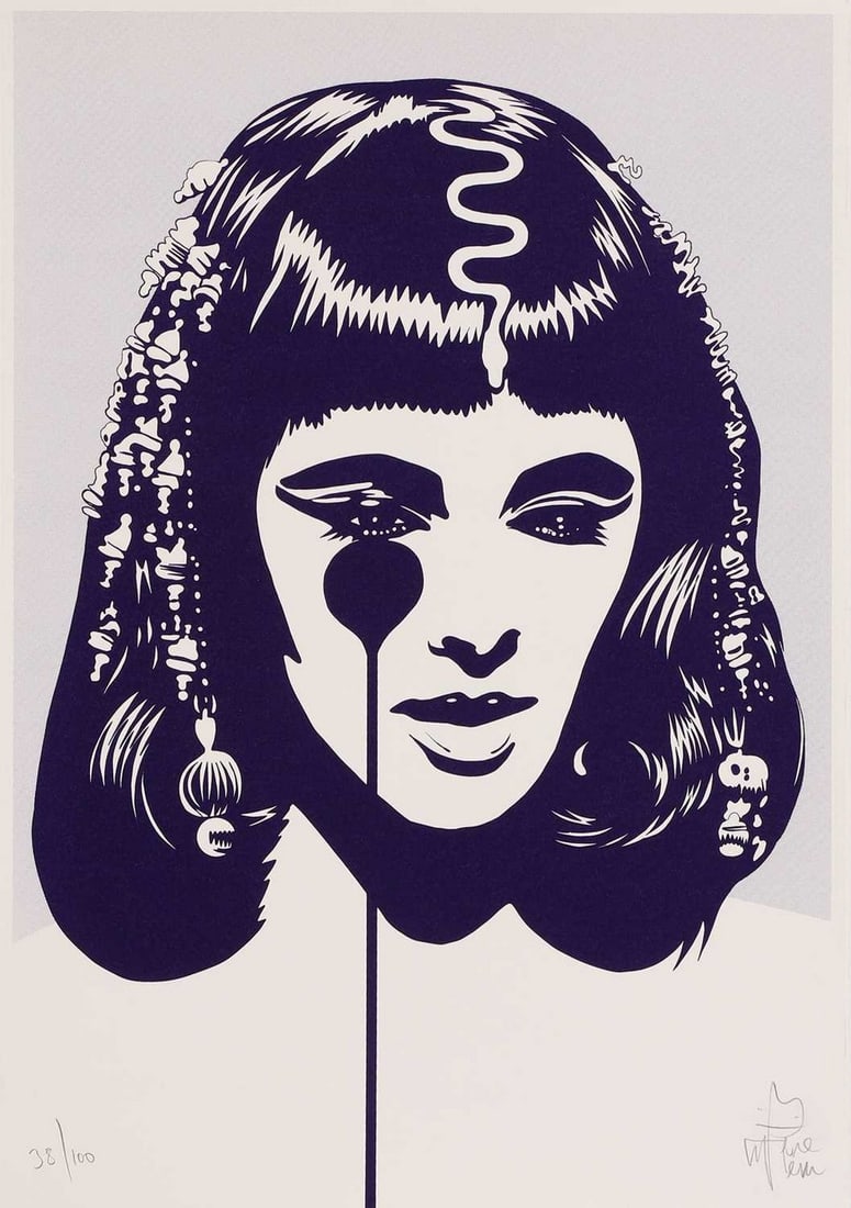 ▲ Pure Evil (b.1968): ▲ Pure Evil (b.1968) Liz Taylor as Cleopatra screenprint in colours, signed 'Pure Evil' in pencil l.r. and numbered '38/100' sheet 50 x 35cm, unframed Condition Report: The top and bottom edges