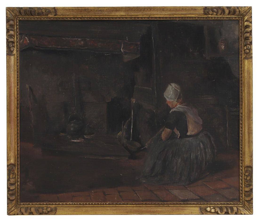 Dutch School (late 19th century): Dutch School (late 19th century) A maid seated beside an open fire,unsigned, oil on canvas laid on board, 44 x 52cm, framed 50 x 58.5cm Condition Report: The painting with minor scuffing, and surface 