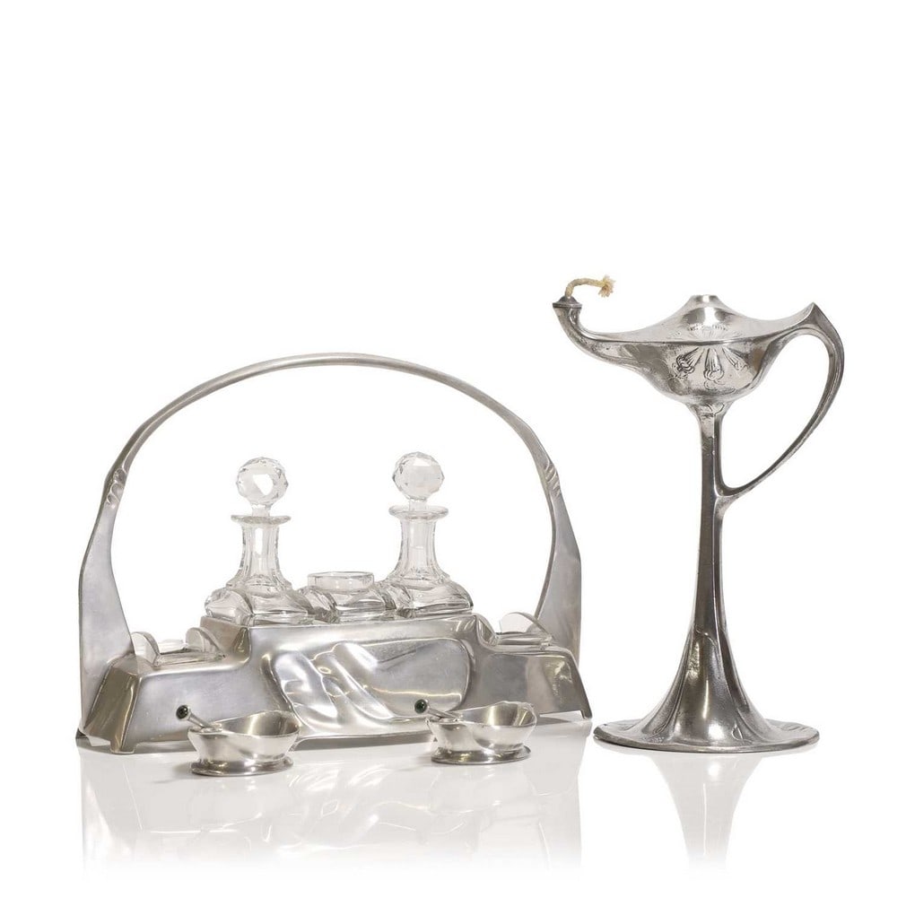 A German Kayserzinn 'Model No. 4538' cut-glass and pewter cruet set,: A German Kayserzinn 'Model No. 4538' cut-glass and pewter cruet set, c.1903, designed by Hugo Leven (1874-1956), on a polished pewter stand, produced 1903/04, with maker's mark and model numbers '4538