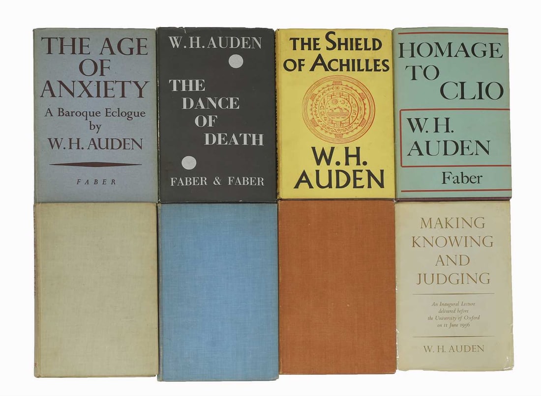 W H AUDEN:: W H AUDEN: 13 First editions, including: The Shield of Achilles. 1955, 1st. Edn. DW (10s 6d) VG; With Louis MACNEICE: Letters from Iceland. 1937, 1st. Edn; The Age of Anxiety: A Baroq