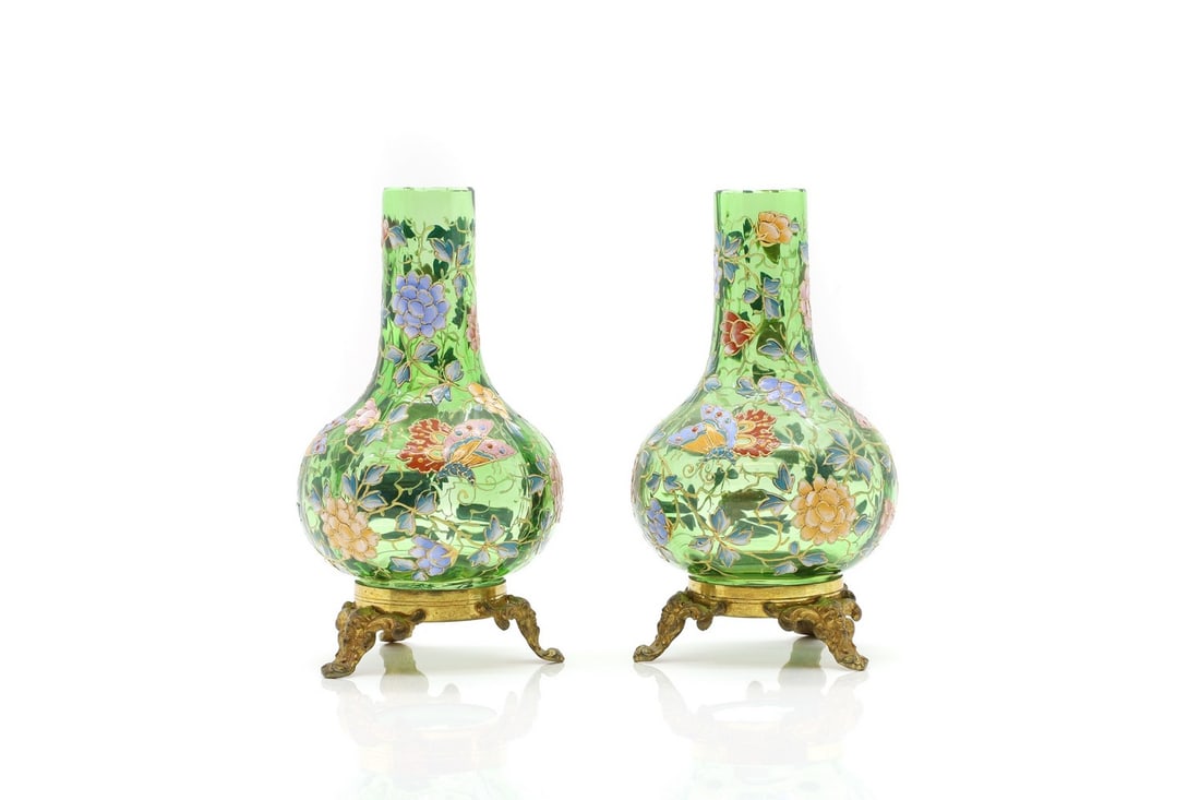 A pair of Moser green glass and gilt-metal bottle vases (1 of 3)