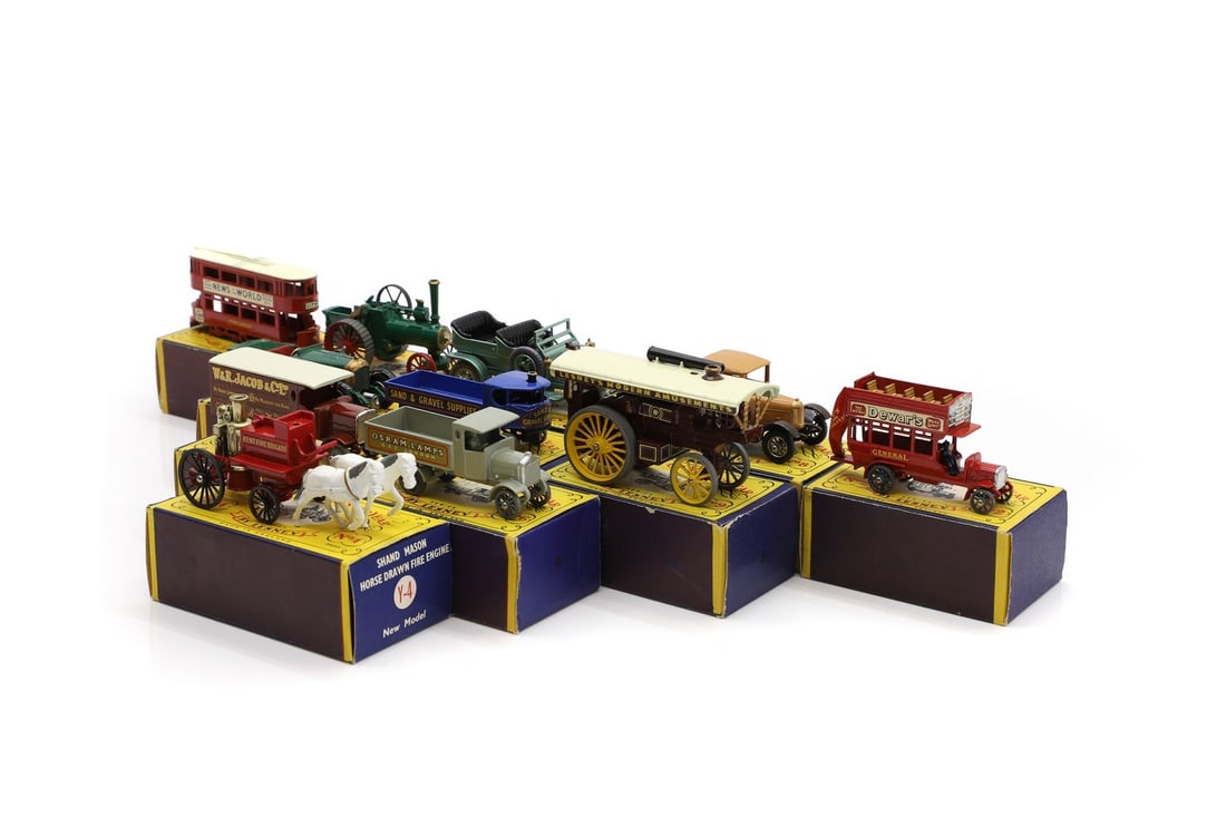 A group of eleven Models of Yesteryear: A group of eleven Models of Yesteryear all boxed, comprising no. 1 The Allchin 7-N H.P. Traction Engine, no. 2 'B' Type Bus, no.3 'E' Class Tramcar, no. 4 Sentinel Steam, no. 4 Horse Drawn Fire Engine