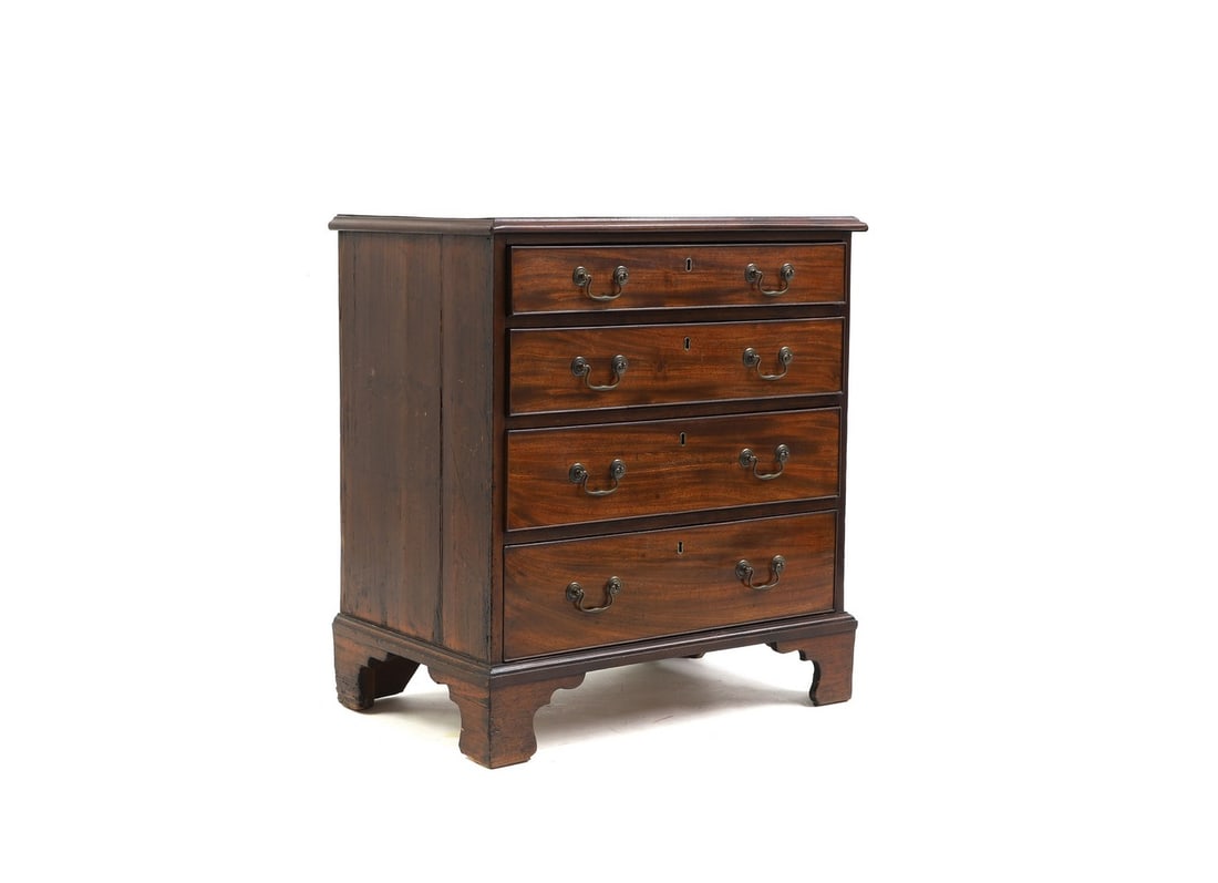 A George III mahogany chest of drawers: A George III mahogany chest of drawers third quarter of the 18th century, the moulded rectangular top above four drawers and bracket feet, 88cm wide 46cm deep 77cm high Condition Report: General surfa