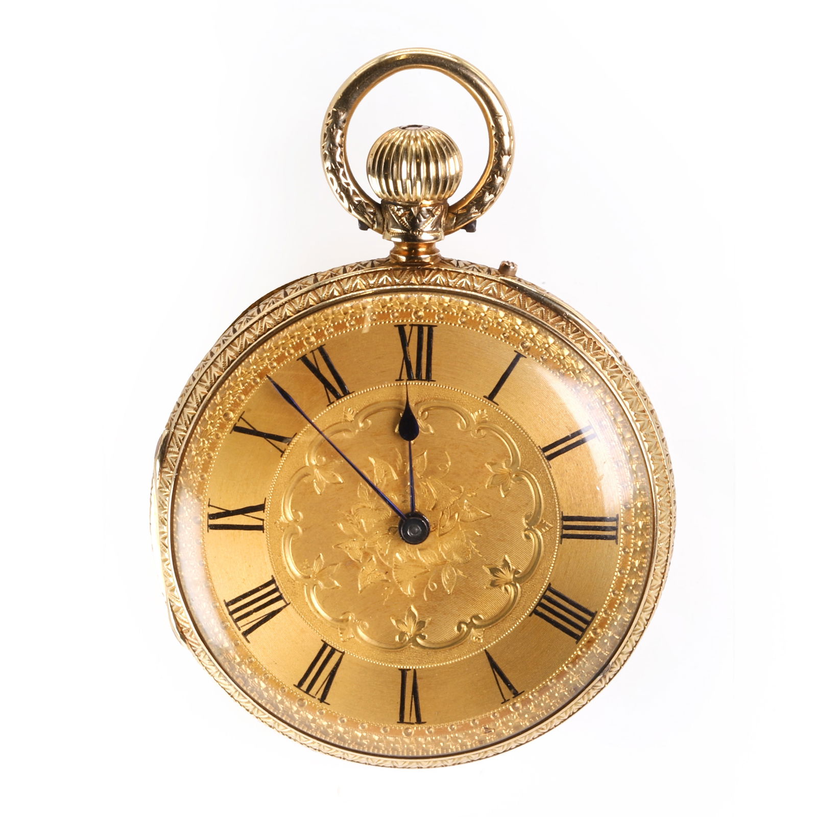 An 18ct gold top wind open faced pocket watch, by John Bennett,: An 18ct gold top wind open faced pocket watch, by John Bennett, with an ornate hand engraved case, 40mm diameter, a gilt machine engraved dial with a foliate centre, black Roman numerals, blued spade